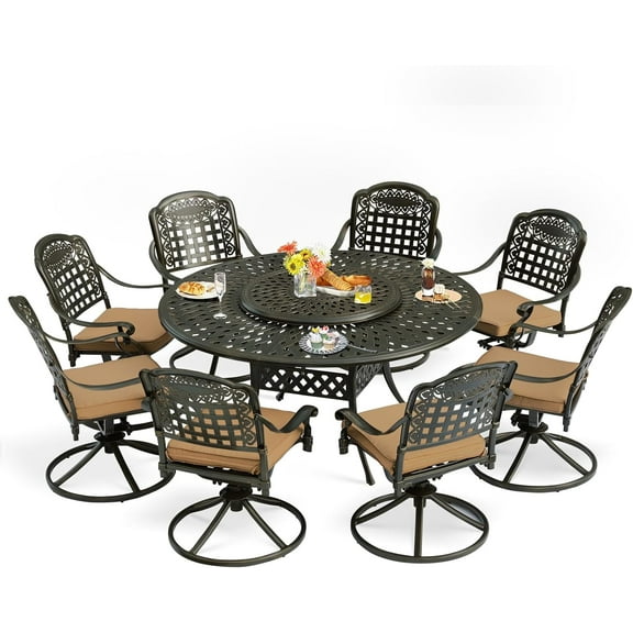 MEETWARM Outdoor 9-Piece Patio Dining Set, All-Weather Cast Aluminum Patio Conversation Set- 8 Cushioned Swivel Rocker, 61" Round Patio Dining Table w/Detachable Lazy Susan/Umbrella Hole, Dark Bronze