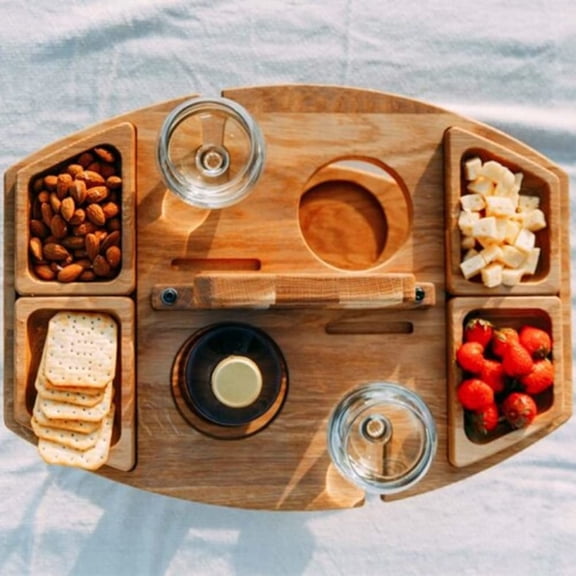 Foldable Wooden Wine Picnic Table with Glass Holder – Portable Outdoor Snack & Serving Tray for Patio, Garden & Beach