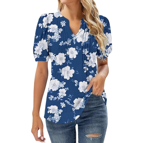 T Shirts For Women Womens Tops V Neck Tops Puff Short Sleeve T Shirt Pleated Floral Printed Tunic Blouse Shirts