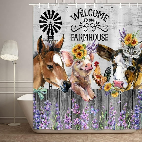 Funny Farm Western Wildlife Animals Shower Curtain, Farmhouse Cute Cow Cat Chicken Pig Horse Bathroom Curtain Set, Country Wooden Bath Curtain Fabric Rustic Flower, 72X72in