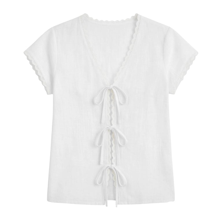 Ruimatai Women's V-Neck Lace Trim Ribbon Tie Short Sleeve Loose