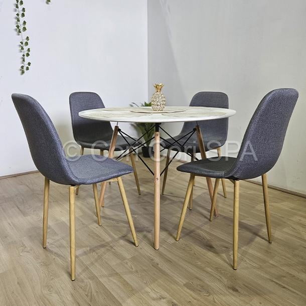 Comedor Mesa Blanca 80Cms + 4 Sillas Scoop Lino Gris