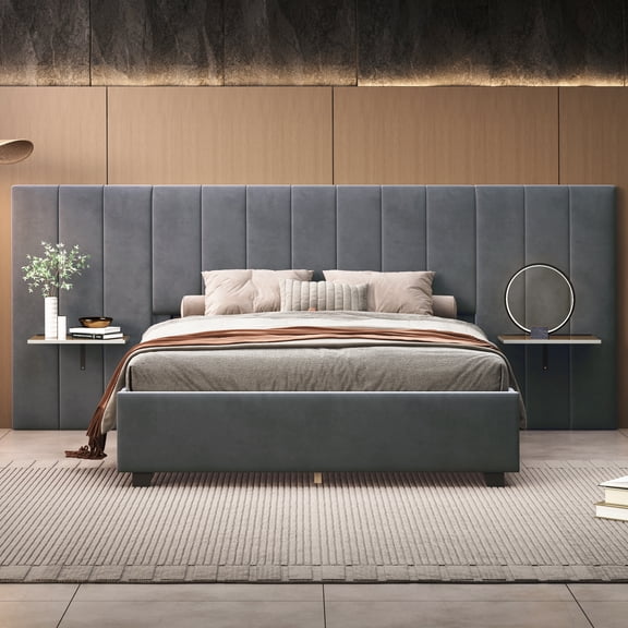 Gray Queen Size Velvet Upholstered Platform Bed with Extra Wide Padded Big Headboard, Modern Bedroom Furniture, No Box Spring Needed