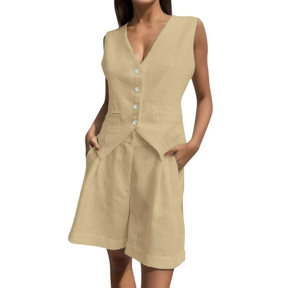 Ketyyh-chn99 Track Suits for Women Set Linen Shorts Women Baggy Short Sleeve Tops Wide Leg Pants Outfits Tracksuits Khaki,S