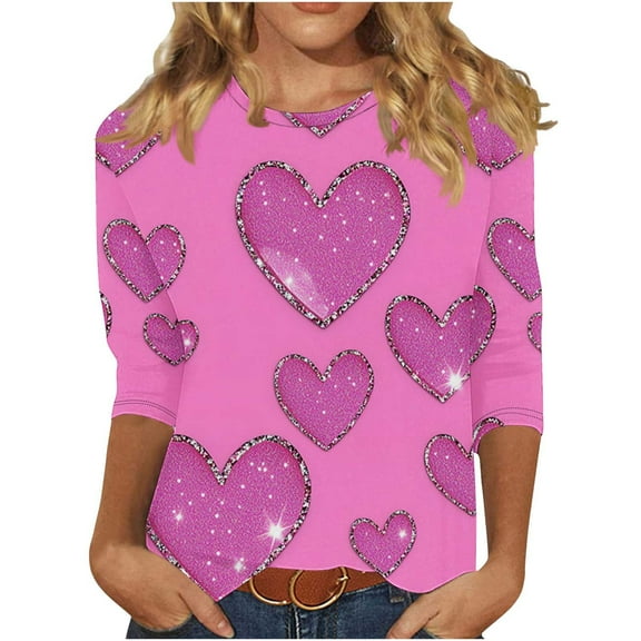 Womens 3/4 Sleeve Tops Plus Size Valentines Day Tee Shirts Love Hearts Printed Crew Neck Tshirts Casual Loose Fit (XL, Pink 04)