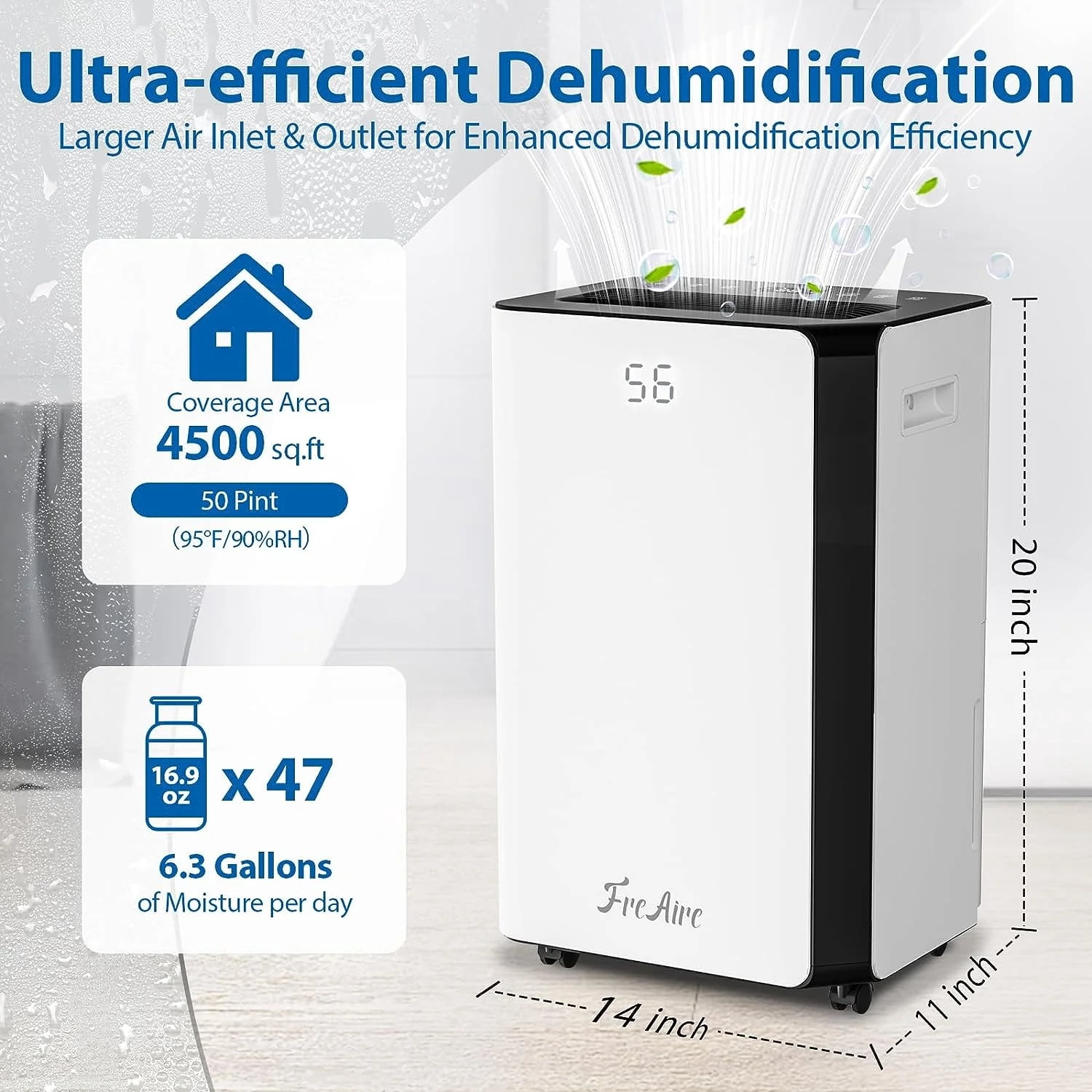 FreAire 50 pt 4500 sq ft Dehumidifier in White - Auto Manual Drain, 3 Operation Modes, 24 Hour Timer