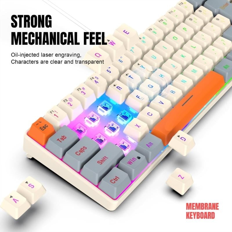 RGB Backlit Gaming Keyboard 68Keys, Ergonomic USB Wired Keyboard with Detachable USB Type C Cable for PC and IOS