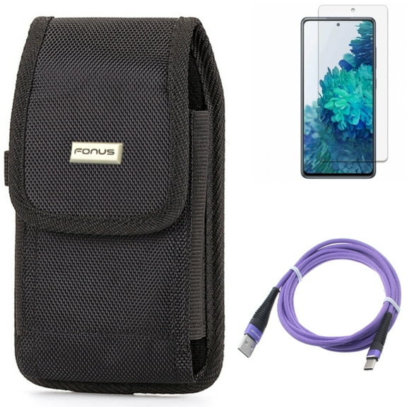 Screen Protector & Case Belt Clip & 6ft USB Cable for Samsung Galaxy S20 Fan Edition - Anti-Glare Tempered Glass   Rugged Holster   Purple Type-C Combo