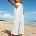 thumbnail image 2 of Wide Leg Capri Pants for Women High Waisted Cotton Linen Summer Pants Casual Drawstring Cropped Trousers with Pockets White S, 2 of 5