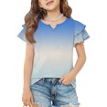 thumbnail image 2 of Dwellite Girls Ruffle Short Sleeve T Shirts Cute Little V Neck Tops for Kids Summer Casual Shirts 3-13 Years Light Blue 130, 2 of 6
