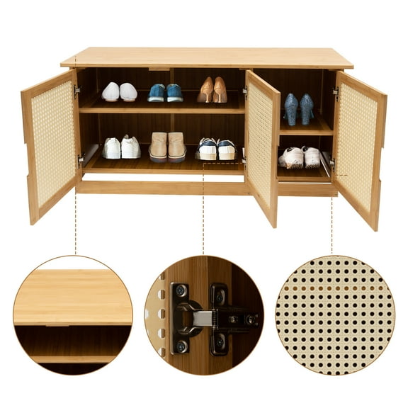 Miumaeov Modern Shoe Storage Cabinet Bamboo Shoe Rack Shoes Changing Bench with Rattan Door for Entryway
