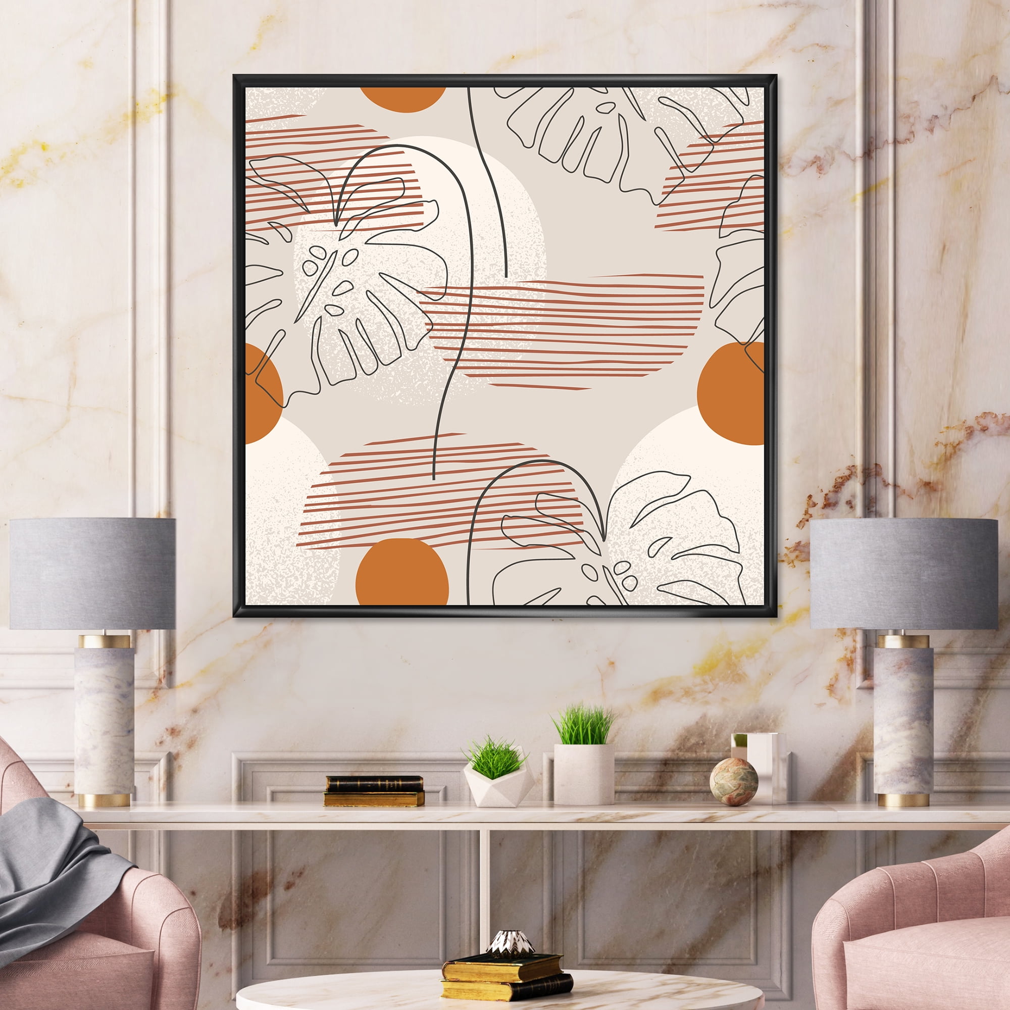 Designart 'Abstract Monstera Leaf and One Line Art Shapes' Modern Framed Canvas Wall Art Print