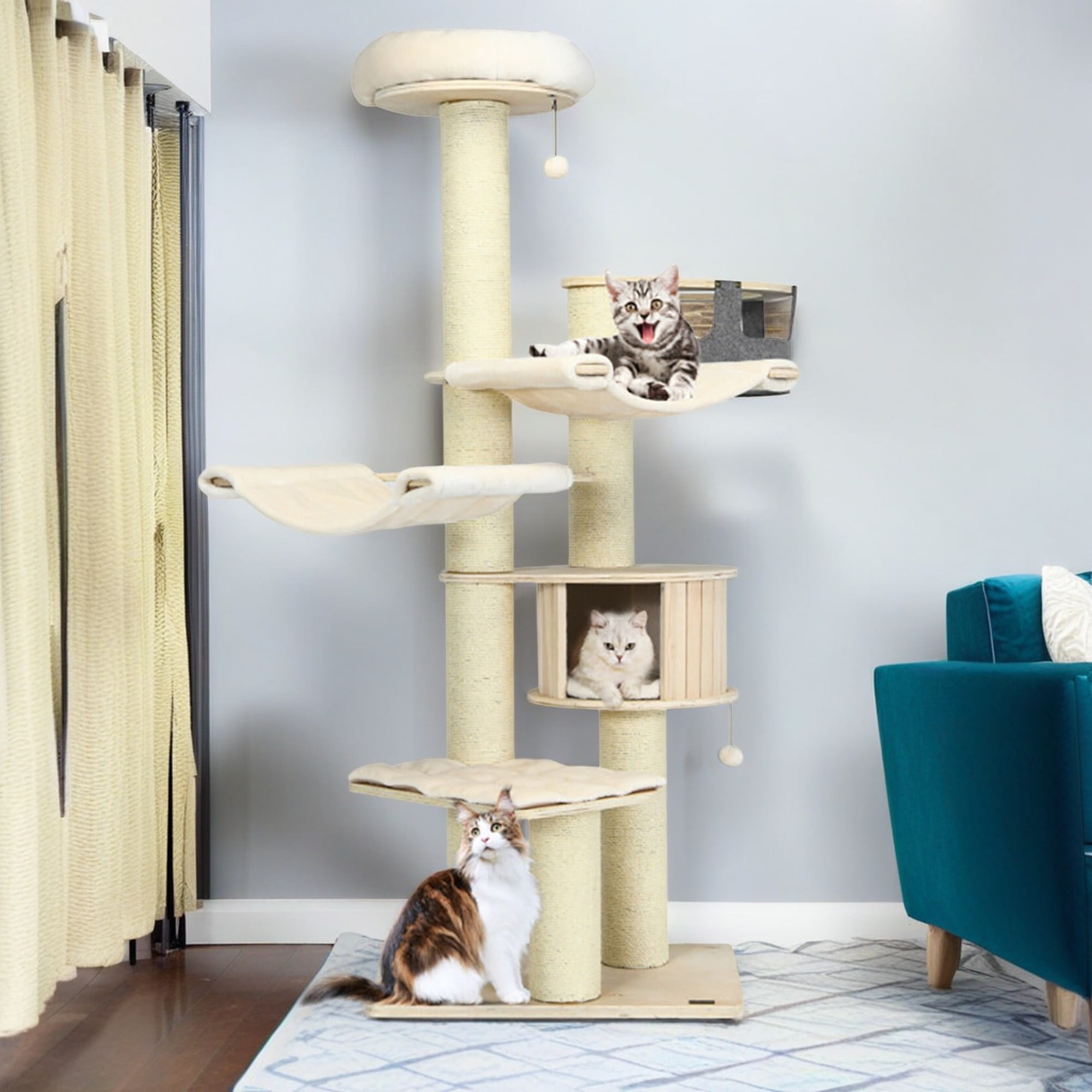 Kadyn 77" Wood Cat Tree Tower for Indoor Cats, Multi-Level Cat Condo with Scratching Posts, Perch, Washable Removable Cushions, Cat Furniture, Beige