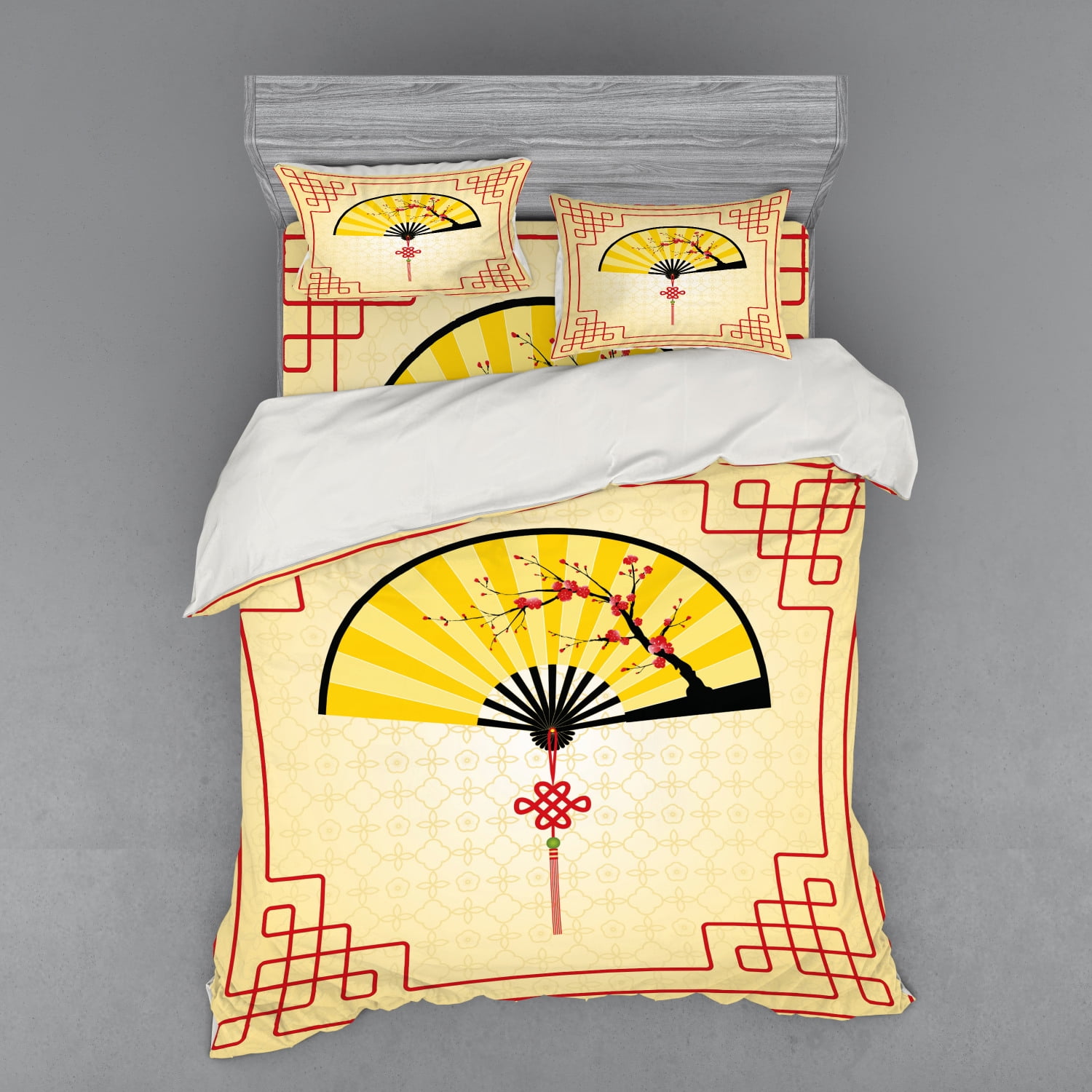 Asian Duvet Cover Set, Japanese Culture Hand Fan with Cherry Blossom