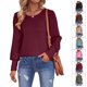 thumbnail image 4 of Jersey de mujer con manga abullonada y cuello redondo, decoración de botones, Color sólido, corte holgado, Top para otoño, rojo vino XL, 4 of 6