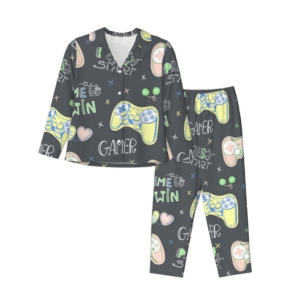 Balery Gamers Conjunto de Pijama con Estampado para Mujer, Conjunto de Dos Piezas con Manga Larga, Ropa de Dormir Suave con Bolsillos, Pijamas Cómodos-Large