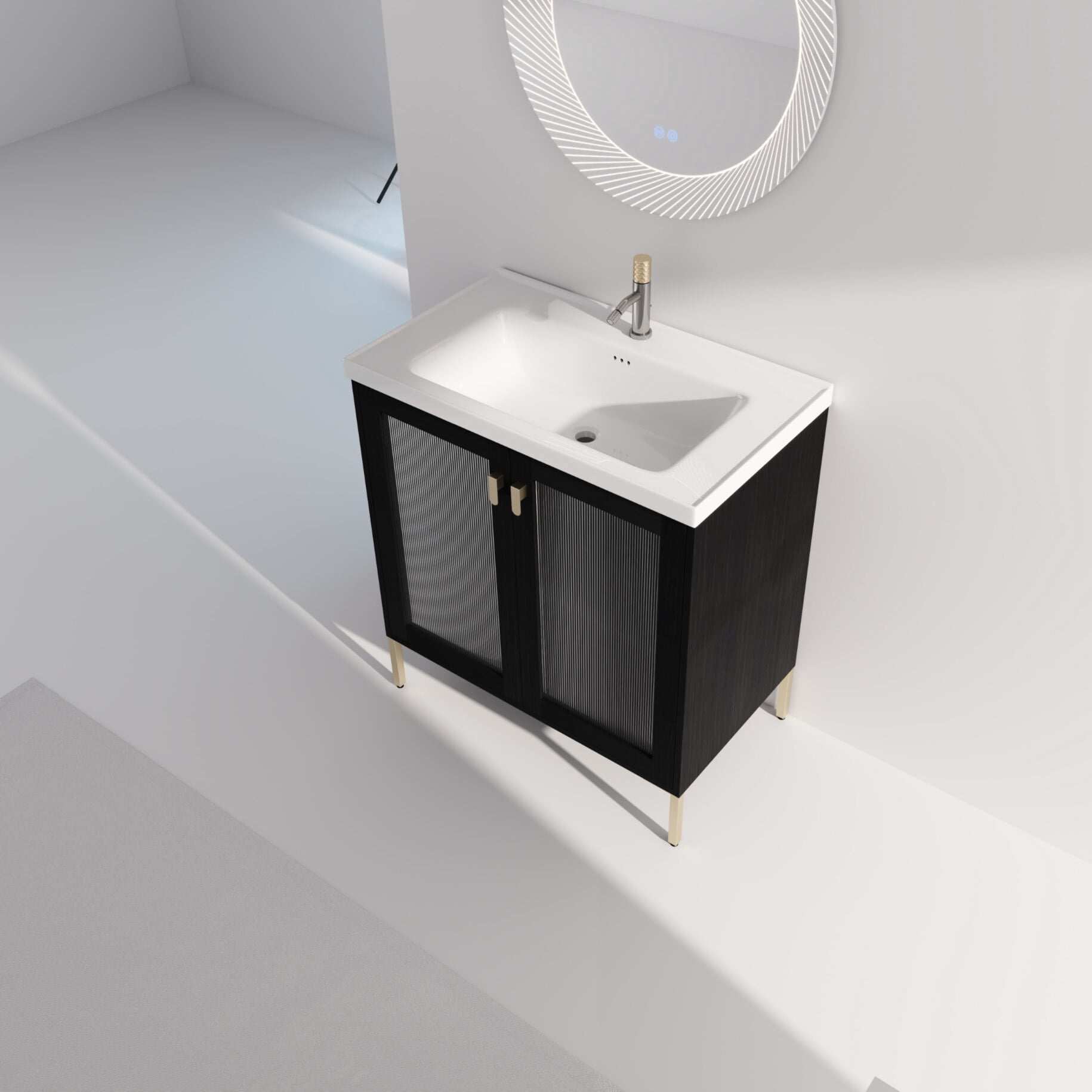 32" Bathroom Vanity, Modern Double Door Storage Cabinet With Ceramic Single Sink, Soft Closing Glass Door, Freestanding Bathroom Sink Cabinet, Black