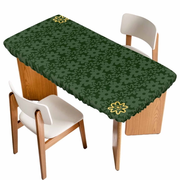 Dark Green Gold Floral Table Cloths for 6 Foot Rectangle Tables, Modern Abstract Art Spring Flowers Patio Waterproof Elastic Fitted Tablecloths, Washable Rectangular Table Cover for Camping