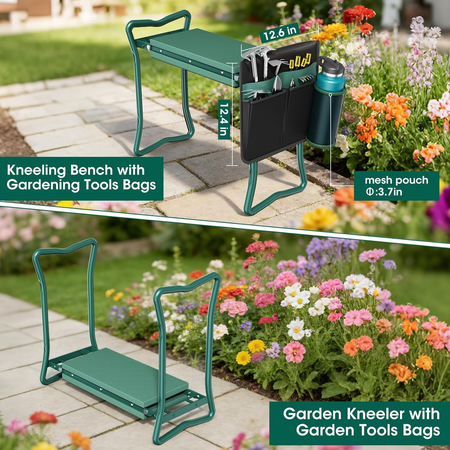 2-in-1 Garden Kneeler with Umbrella, Kneeling Bench & Black Umbrella, Portable Stool 330lb Capacity, Garden Tools Bag with Bottle Holder, Gardening Gift for Men Women Seniors