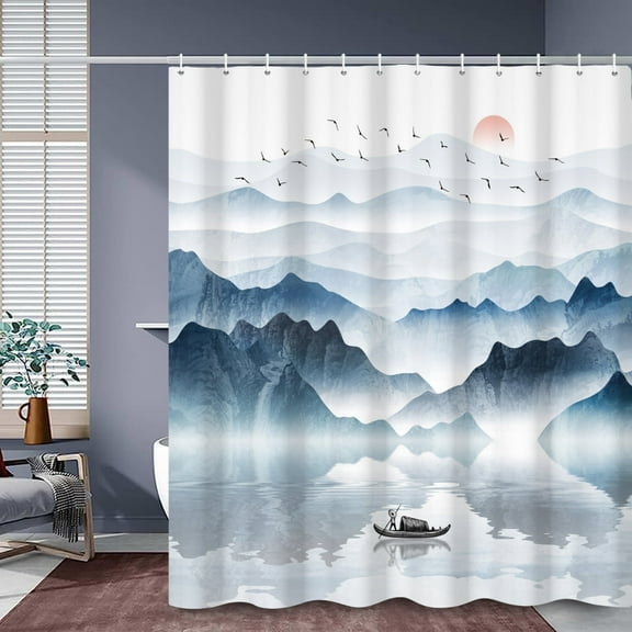 SUNOLIFE Chinese Mountain Shower Curtain Japanese Nature Waterproof Fabric Bathroom Curtain 72x72 in