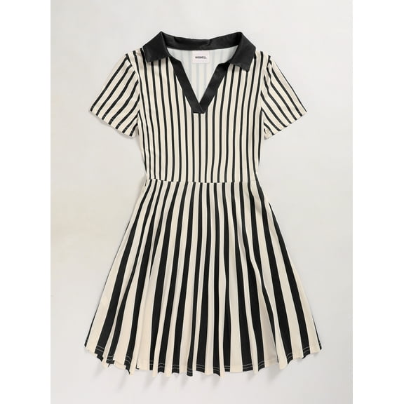 WISWELL Women's Elegant Short Sleeve Striped Dress Collared V Neck A Line Swing Dresses, S