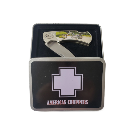 American Choppers Custom Motorcycle Pocket Knife In Tin Dark Blue
