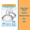 Dr. Brown's Natural Flow Level 2, Wide-Neck Baby Bottle Nipple, Medium Flow, 3m+, 100% Silicone, 2 Pack