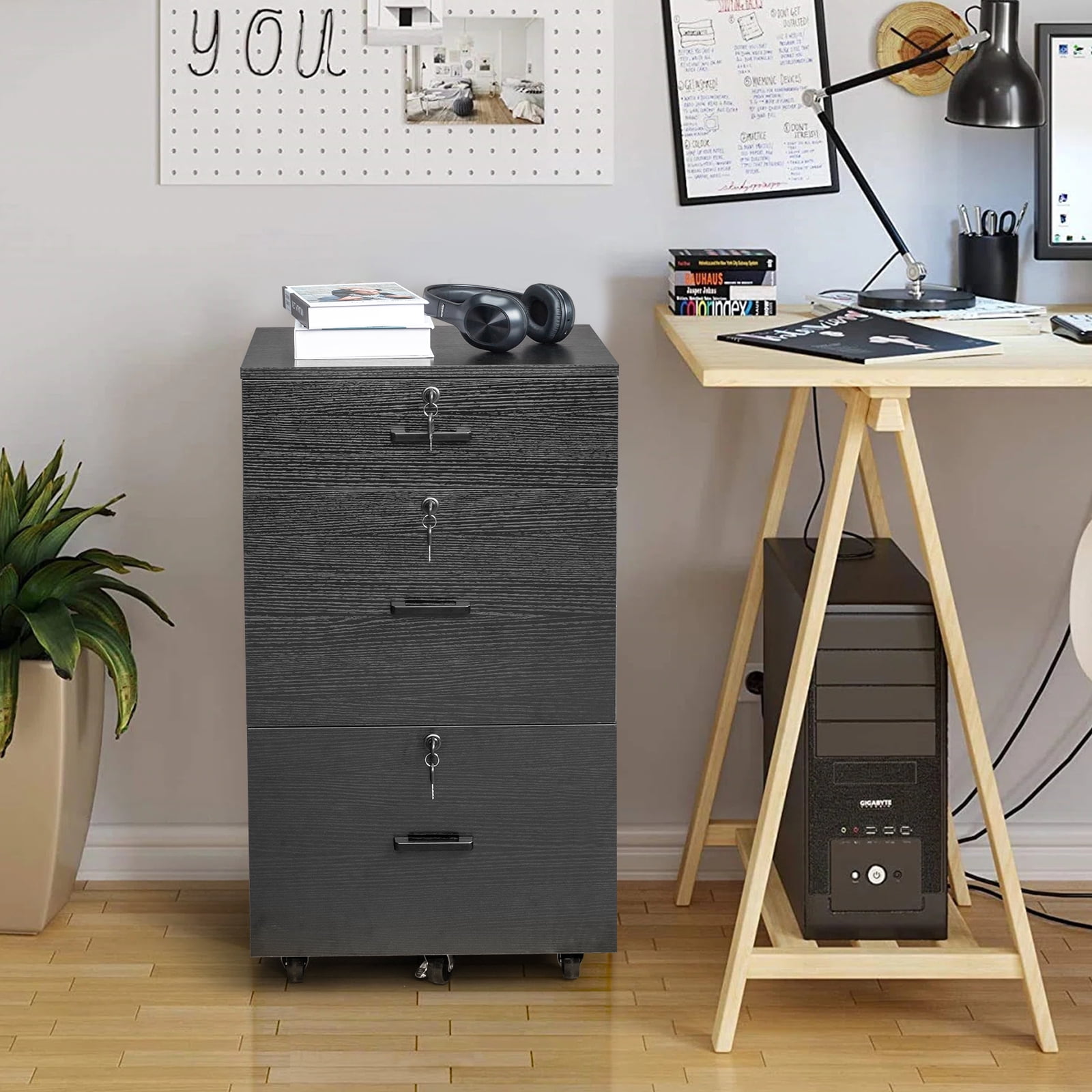 Ktaxon 3 Drawers File Cabinet Legal&Letter Size, with Pencil Drawers Mobile File Cabinet with Rollers, Black
