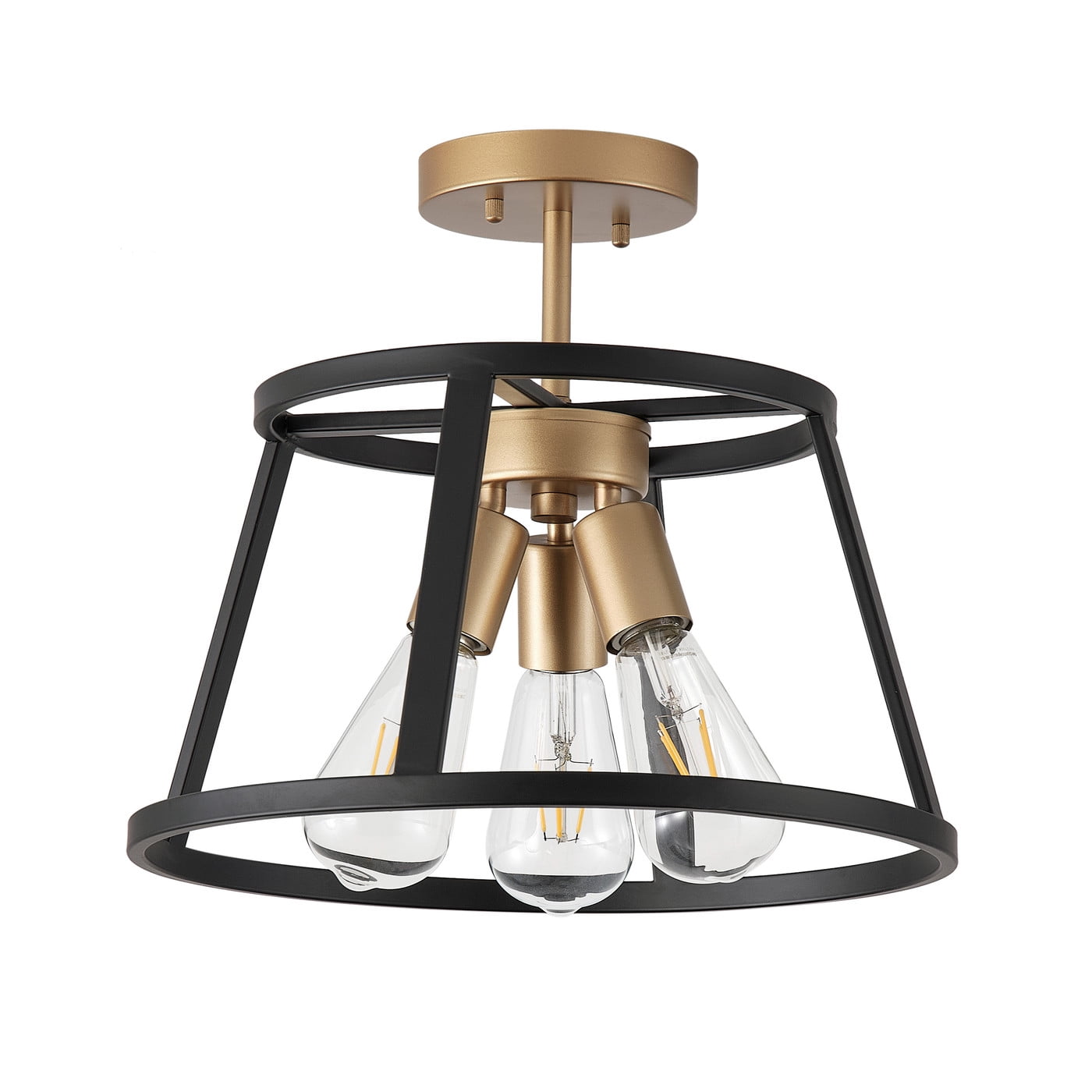 Modern Industrial Semi Flush Mount Ceiling Lighting, Retro Black Gold Close to Ceiling Light Fixture, 4-Light Metal Square Ceiling Light