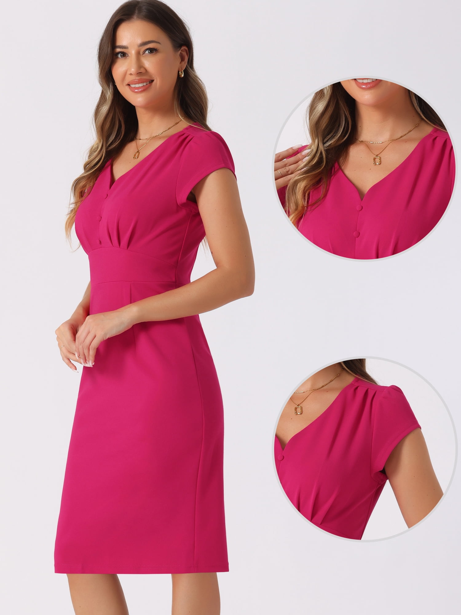 DARING DIVA V Neck Sheath Cap Sleeves Split Pencil Blouse S Hot Pink