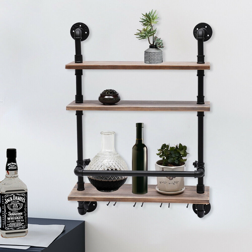 Industrial Pipe Shelf Wine Rack Wall Mounted with 9 Stem Glass Holder,36in Real Wood Shelves Kitchen Wall Shelf Unit,3-Tiers Rustic Floating Bar Shelves Wine Shelf,Steam Punk Pipe Shelving Glass Rack 