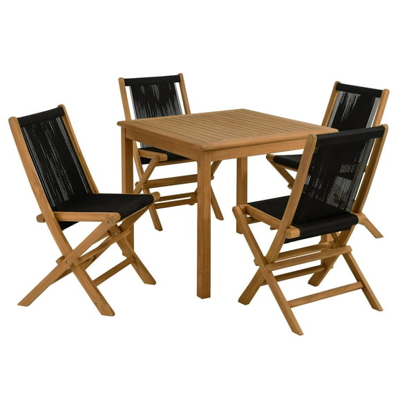 5 pcs Dining Side Chair and Table Set, Black, Teak Wood, Outdoor Patio Balcony Cafe Bistro Garden Hospitality Restaurant, Modern Contemporary, HB37246