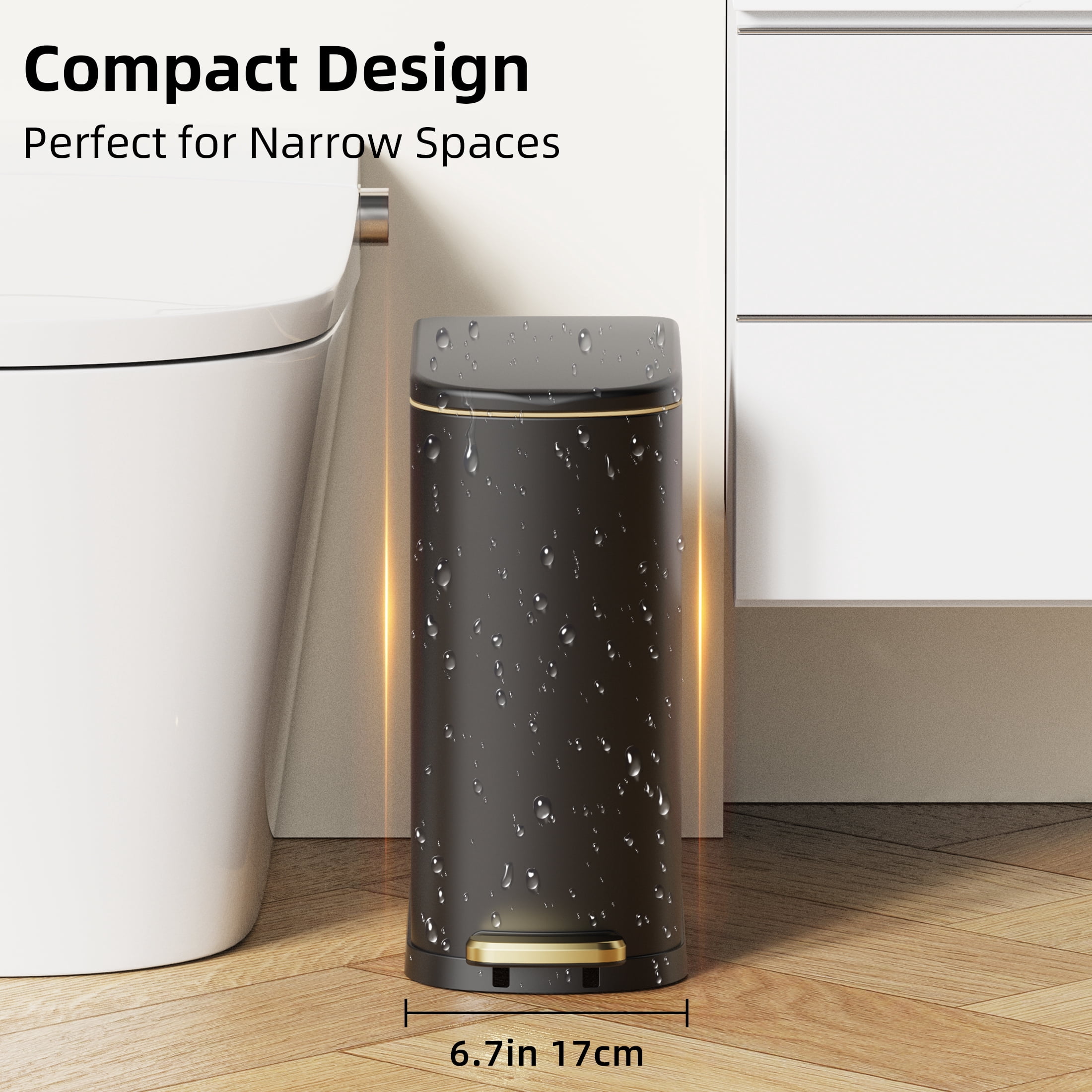 KSSKSS 2.6 Gallon/10L Slim Stainless Steel Bathroom Trash Can with Soft Close Lid, for Narrow Spaces,Bathroom, Bedroom (Black)