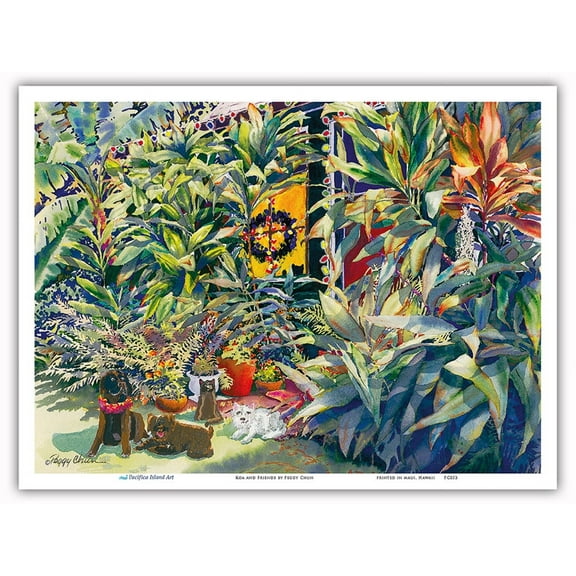 Koa and Friends - Hawaiian Dogs (’ilio) and Cat (Popoki) at Christmas - From an Original Hawaii Watercolor Painting by Peggy Chun - Master Art Print (Unframed) 9in x 12in