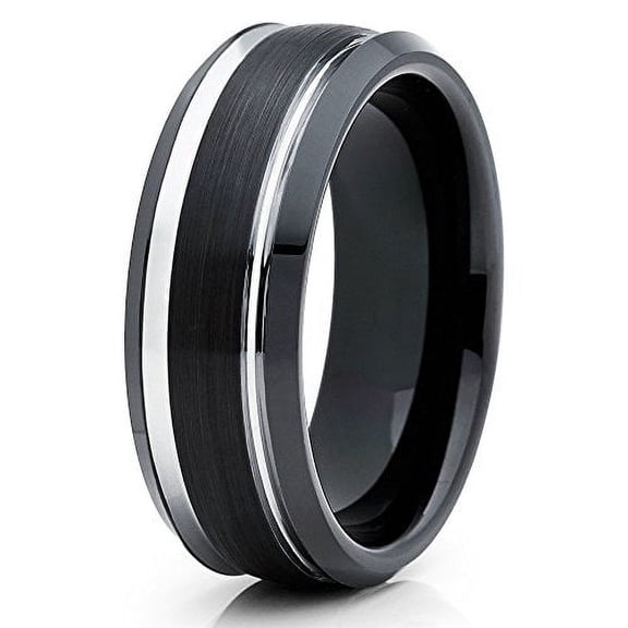 Silly Kings 8mm Black Brushed Tungsten Carbide Ring Unique Silver Edged Wedding Band Comfort Fit Unisex