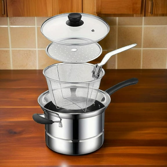4PC Stainless Steel Cooking Set - Deep Fryer, Steamer Basket & Lid with Handle for Versatile Cooking, Frying & Steaming
