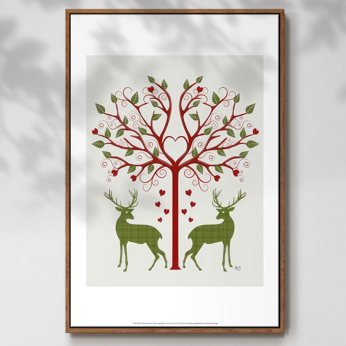 Christmas Des - Deer and Heart Tree, On Cream - Framed Gallery Wrapped Holiday Canvas - 17 x 25 - Rosewood Frame