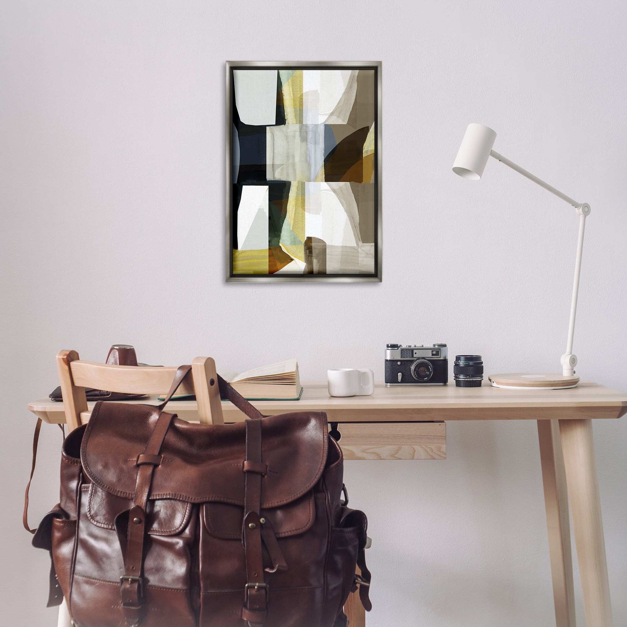 Stupell Industries Geometric with White Blocks Abstract Painting Gray Floater Framed Canvas Art Print Wall Art, 21 x 31