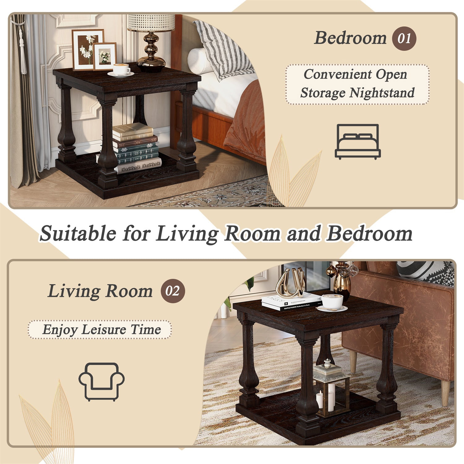Hommoo 24.8" Farmhouse Wooden End Table with Storage Shelf, Vintage Square Side Table with Carved Legs for Living Room, Bedroom & Entryway, Espresso