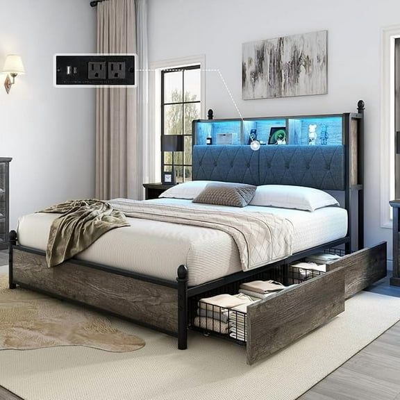 Amerlife King Size Bed Frame with Bookcase Headboard, Storage Drawers and Charging Station, Gray