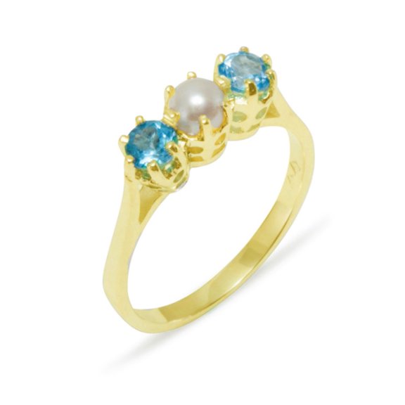 LBG British Made 10k Yellow Gold Cultured Pearl & Blue Topaz Womens Anniversary Ring - 33 size options - Size 10