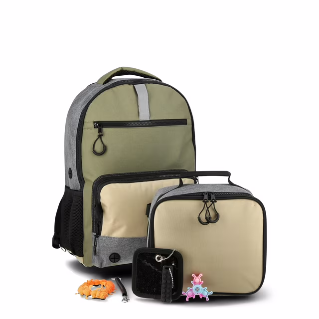 Wonder Nation Kids Sensory 17" Backpack with Lunch, Black/Green Color Block
