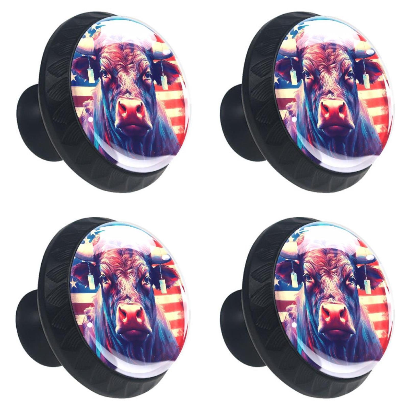 4 Pcs Cow American Flag Knobs for Kitchen Cabinet Cupboard Dresser Bookcase Drawer Pulls Handles Round Home Decor