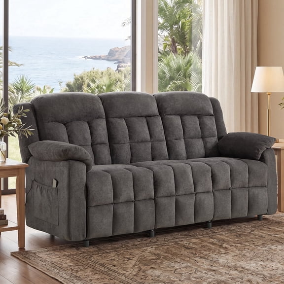 Ebello Power Recliner Sofa, 3-Seat Soft Fabric Reclining Couch with Adjustable Footrest, Side Pockets & Overstuffed Armrest Backrest for Living Room, Gray