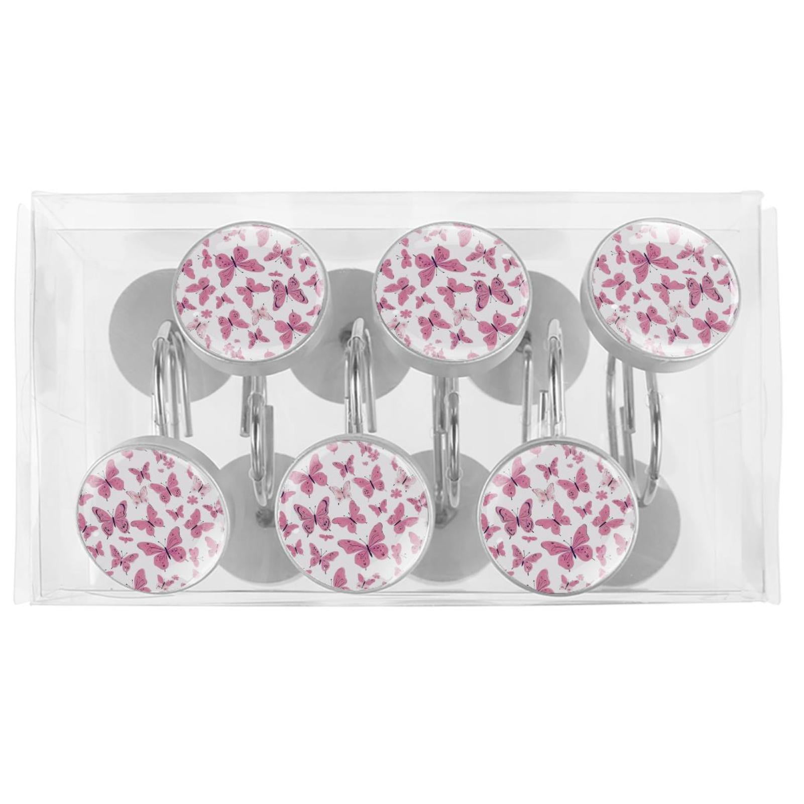 12pcs Decorative Shower Curtain Hooks, Rust Resistant Shower Rings for Bathroom Living Room,Rustproof Stainless Steel Rings for Shower Curtain and Liner Rods,Butterflies Pink