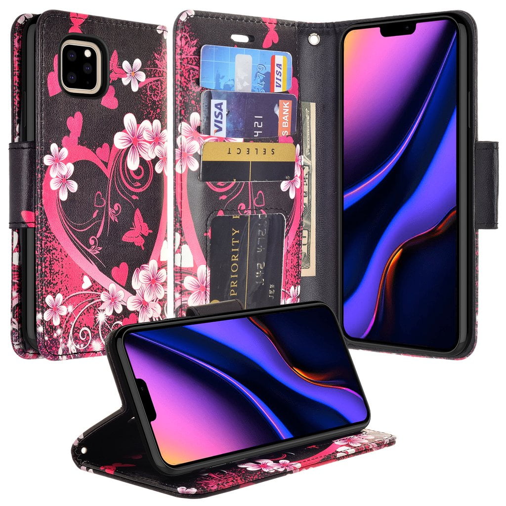 Apple iPhone 12 / iPhone 12 Pro Case, Leather Wallet Case Kickstand Phone Case for iPhone 12/12 Pro - Hot Pink Heart