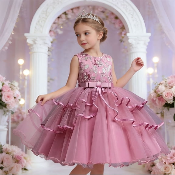 WPPGONE Girls Tiered Tulle Flower Girl Dress Sleeveless Floral Embroidery Ball Gown Elegant Princess Wedding Party Gown Luxury Pageant Dress Toddler Birthday Photoshoot Party Dresses