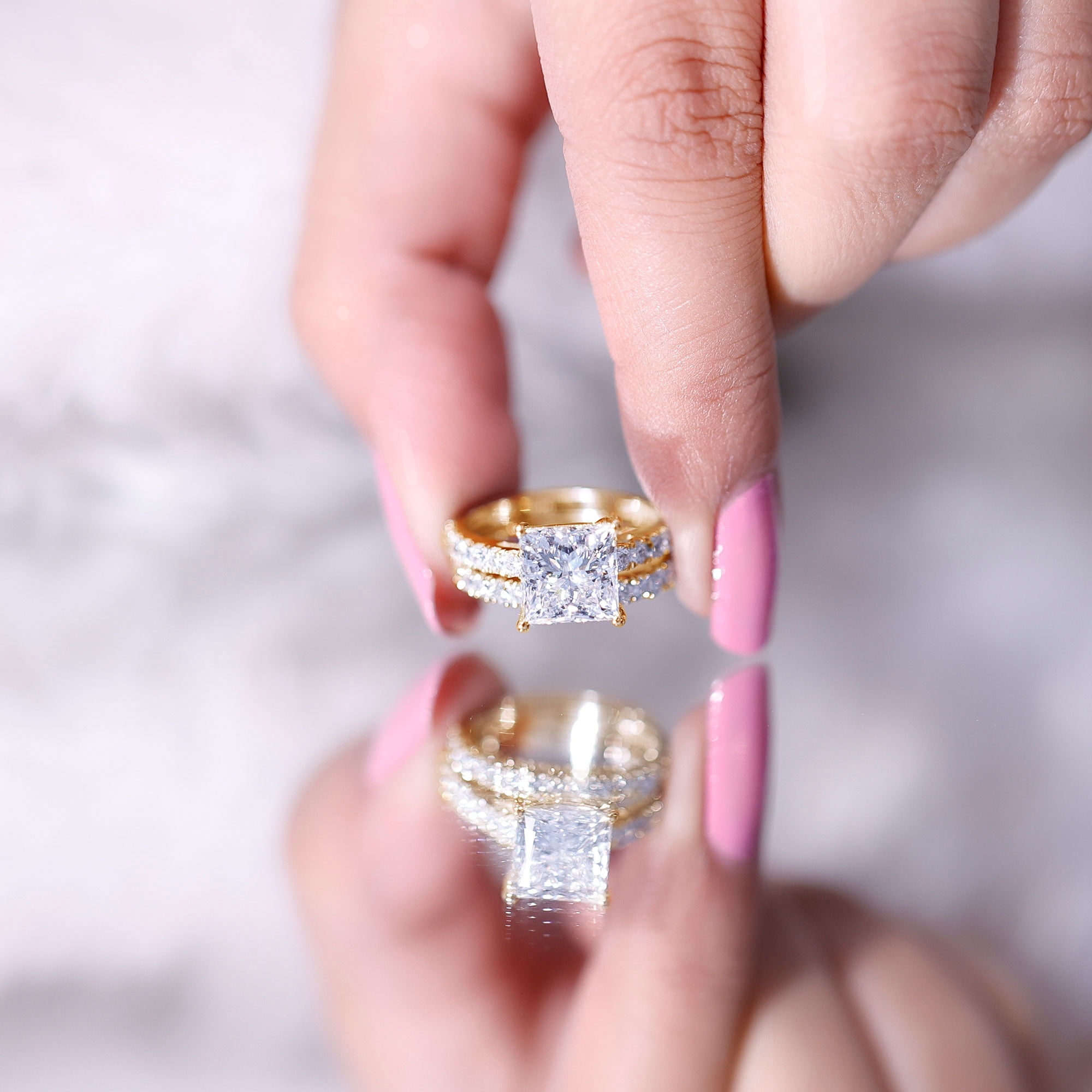Rosec Jewels IGI Certified 2 Carat Lab Grown Diamond Princess Cut Engagement Ring Set for Women - E-VS1 Quality - With Jewelry Box, 14K Yellow Gold, US 10.00