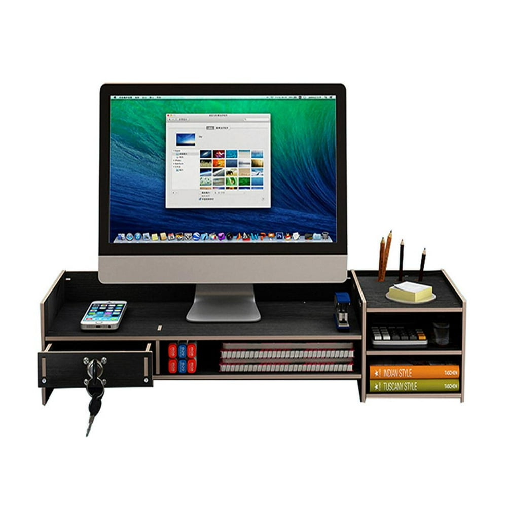 Wood Monitor Riser Stand and Computer Desk Organizer with Locked Drawer