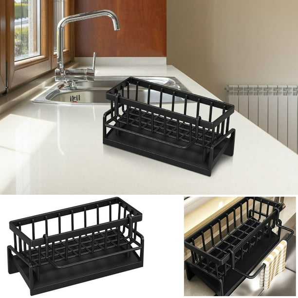 Organizador de cocina multifuncional para estantes de esponjas | Soporte de carbón de acero | Toallitas de cocina sobre encimera, jabón, soporte para esponjas | Estante de drenaje que ahorra espacio
